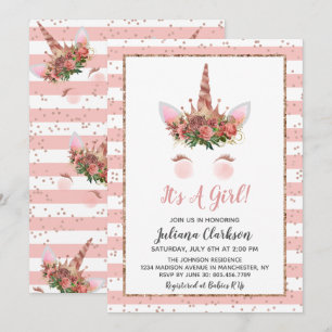 Invitación Rosa Gold Unicorn Princesa Baby Shower
