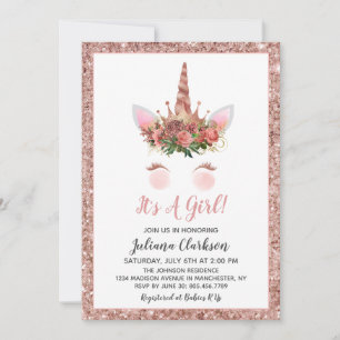 Invitación Rosa Gold Unicorn Princesa Baby Shower