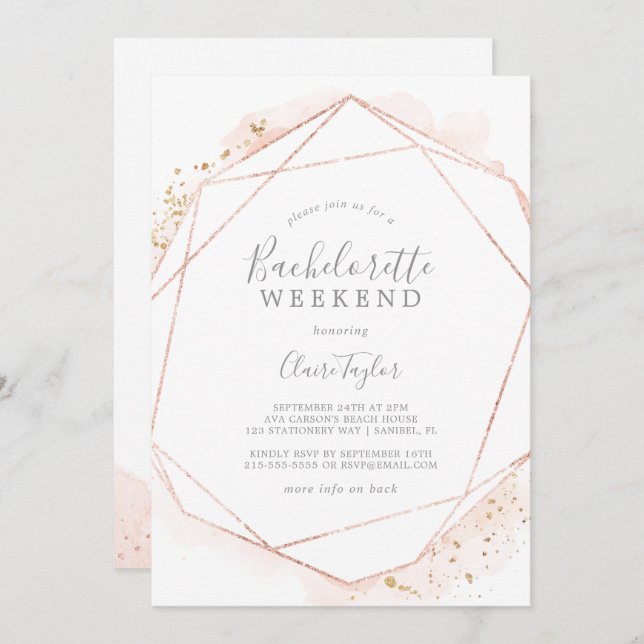 Invitación Rosa Gold Watercolor Bachelorette Weekend (Anverso / Reverso)