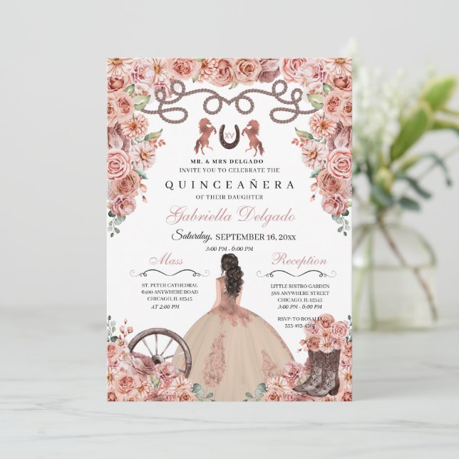 Invitación Rosa Gold Western Charra Chica Ranchero Quinceaner (Anverso de pie)