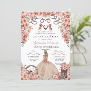 Invitación Rosa Gold Western Charra Chica Ranchero Quinceaner