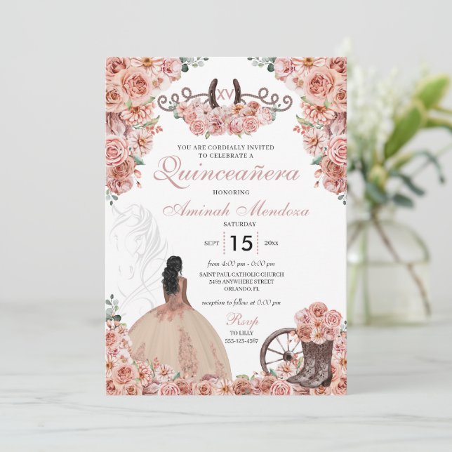 Invitación Rosa Gold Western Charra Floral Boots Quinceañera (Anverso de pie)
