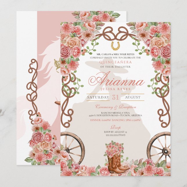 Invitación Rosa Gold Western Charra Ranchera Quinceañera (Anverso / Reverso)