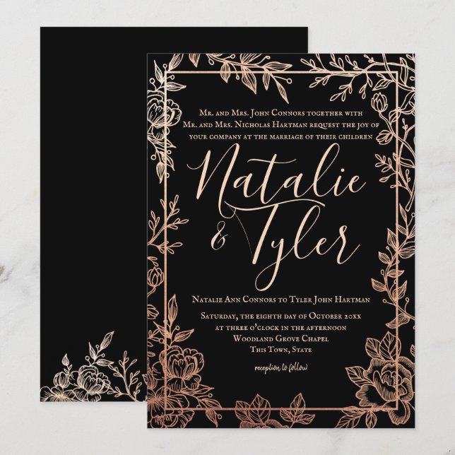 Invitación Rosa Gold y Black Floral Sketch Frame Classic (Anverso / Reverso)