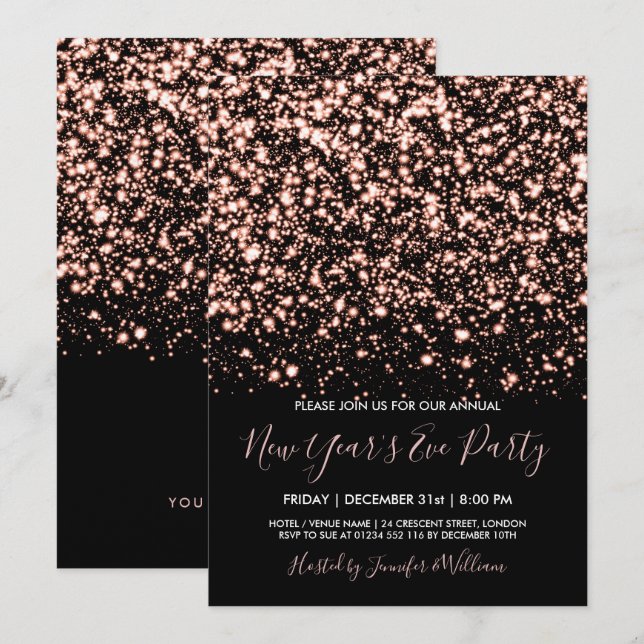 Invitación Rosa Gold y Black Glam Fiesta de Año Nuevo (Anverso / Reverso)