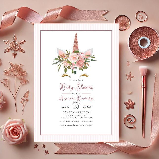 Invitación Rosa Gold y Rubor Floral Unicorn Baby Shower (Rose Gold and Blush Floral Unicorn Baby Shower Invitation)