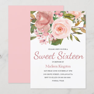 Invitación Rosa Gold y Rubor Flores Dulces 16 Invitar
