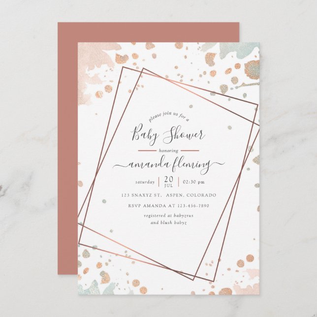 Invitación Rosa Gold y Rubor Paint Geométrico Baby Shower (Anverso / Reverso)