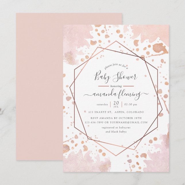 Invitación Rosa Gold y Rubor Pink Geometric Baby Shower (Anverso / Reverso)