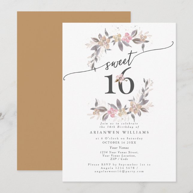 Invitación Rosa Golden bouquet Fall Sweet 16 (Anverso / Reverso)