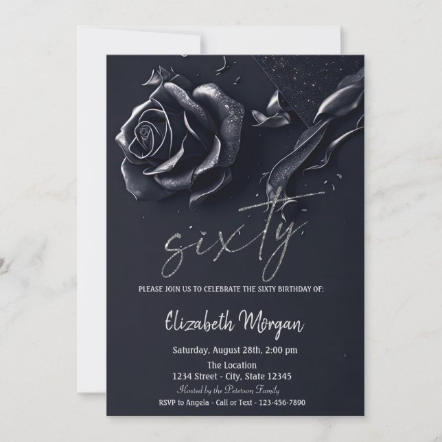 Invitación Rosa Gótica Azul Oscuro Cumpleaños 60 (Anverso)