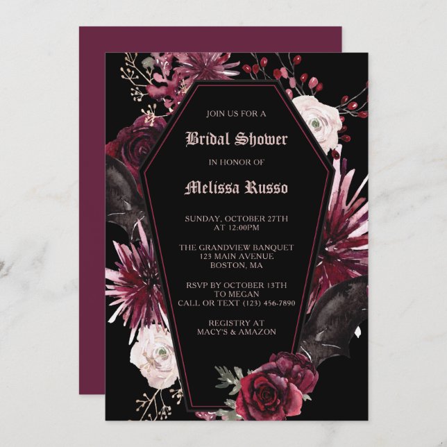 Invitación Rosa Gótico Negro Elegante Ducha Bridal (Anverso / Reverso)