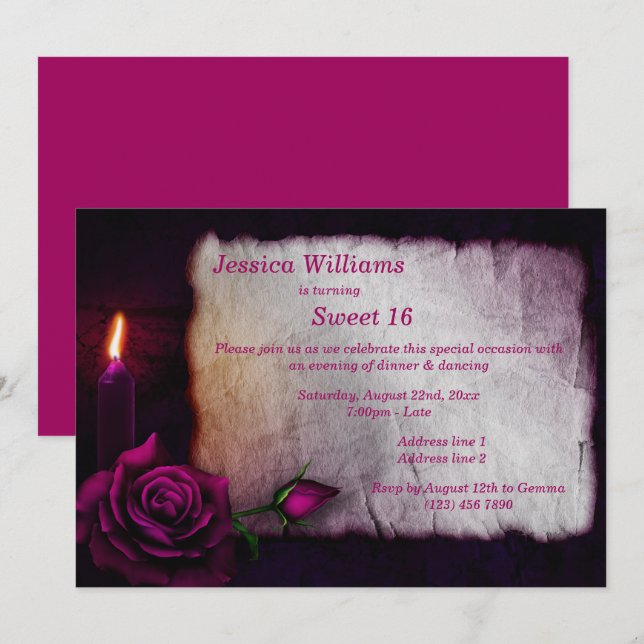 Invitación Rosa gótico romántico y dulce de velas 16 (Anverso / Reverso)