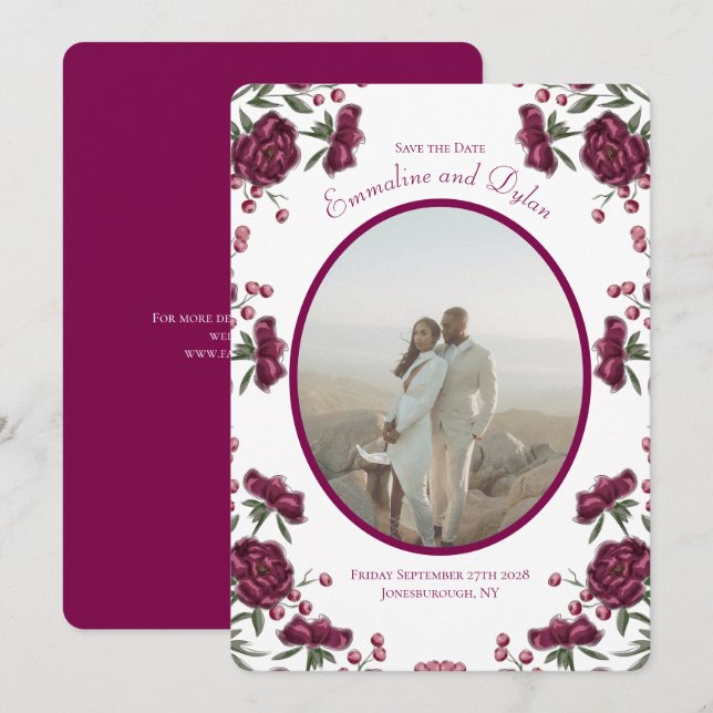 Invitación Rosa Granate Boda Guardar la Fecha (Anverso / Reverso)