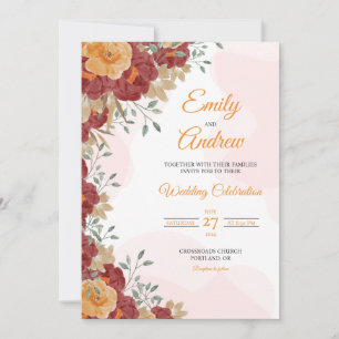 Invitación Rosa Granate Elegante Boda Floral Acuarela