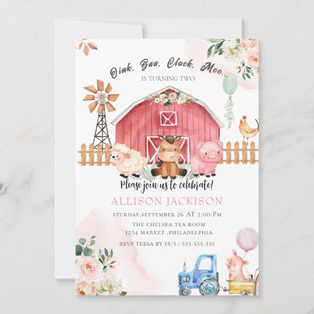 Invitación rosa Granja Barnyard Animales Birthday Bash Invita (Anverso)