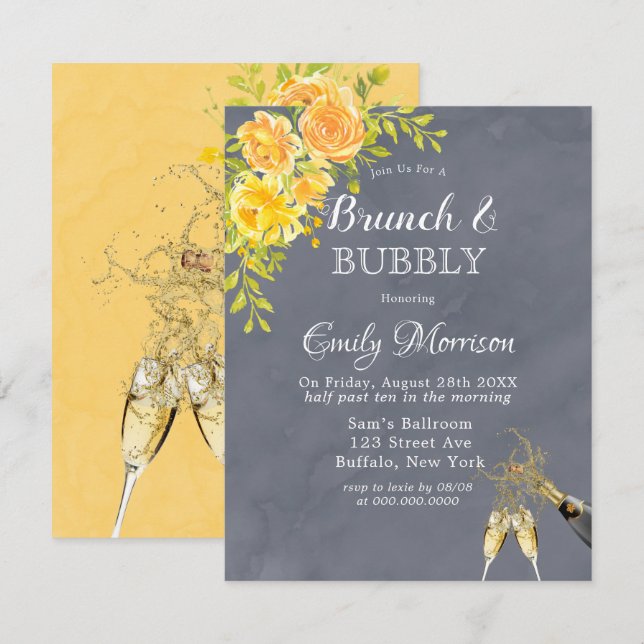 Invitación Rosa gris amarillo Peony Champagne Brunch & Bubbly (Anverso / Reverso)
