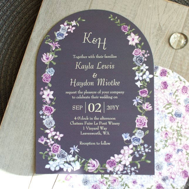 Invitación Rosa gris azul morado Arcos de jardín Boda de cano (modern arched slate gray lavender lilac blue purple roses boho wedding invitations, blue-gray solid)