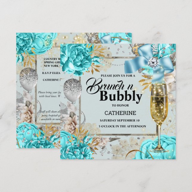 Invitación Rosa gris de Aqua shabby chic burbujeante purpurin (Anverso / Reverso)