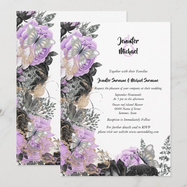 Invitación Rosa gris morado mariposa moda elegante matrimonio (Anverso / Reverso)