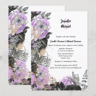 Invitación Rosa gris morado mariposa moda elegante matrimonio