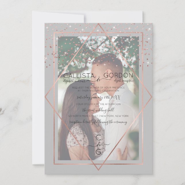 Invitación Rosa Gris Oro Confetti Geo Border Boda de fotos (Anverso)