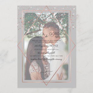 Invitación Rosa Gris Oro Confetti Geo Border Boda de fotos