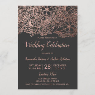Invitación Rosa gris oro tipografía floral moda boda