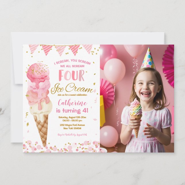 Invitación Rosa: Gritamos cuatro helados foto de cumpleaños (Anverso)
