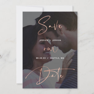 Invitación Rosa Guión dorado Vellum Look Photo Save the Date