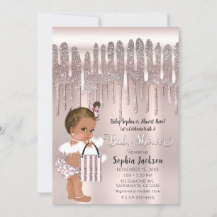 Invitación Rosa helada Diamante Brillo Goteo Marrón Bebé
