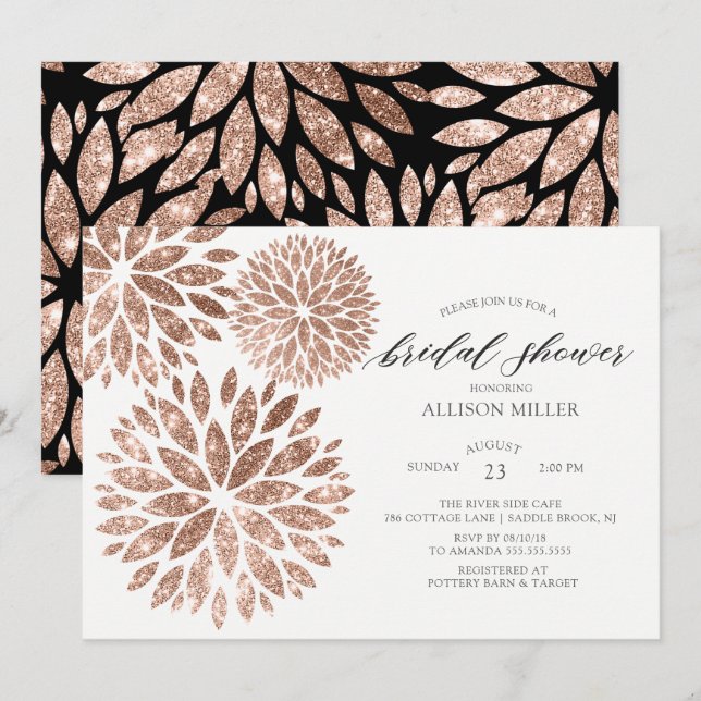 Invitación Rosa inmerso Gold Dahlias Bridal Shower (Anverso / Reverso)