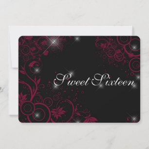 Invitación Rosa intenso y estrellas brillantes negras Cumplea