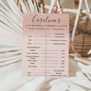 Invitación rosa itinerario de purpurinas de oro fin de semana