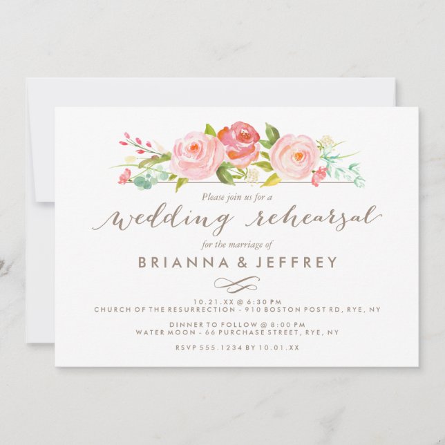 Invitación Rosa Jardín Boda Floral Ensayo Cena (Anverso)