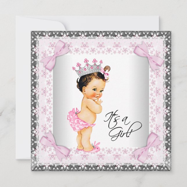 Invitación Rosa Lace Bows Girly Princess Baby Shower (Anverso)