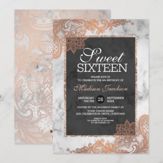 Invitación Rosa Lace de Oro y Dulce de Mármol Dieciséis Fiest