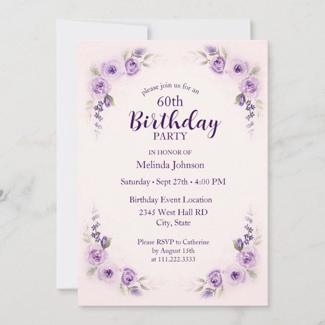 Invitación Rosa Lavanda Acuarela de Cumpleaños 60 (Anverso)