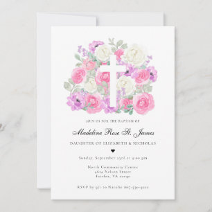 Invitación Rosa Lavanda Sonrojada   Bautizo Floral 
