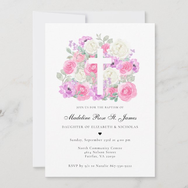 Invitación Rosa Lavanda Sonrojada | Bautizo Floral  (Anverso)