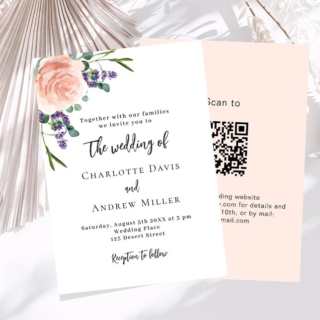 Invitación Rosa lavanda vegetación floral código QR boda RSVP (Subido por el creador)