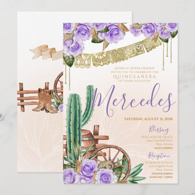 Invitación Rosa Lavender Cactus Occidental Charro Quinceanera (Anverso / Reverso)