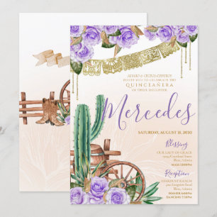 Invitación Rosa Lavender Cactus Occidental Charro Quinceanera