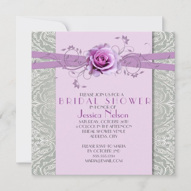 Invitación Rosa Lavender Damask Silver Bridal Shower (Anverso)