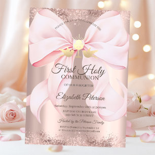 Invitación Rosa lazo rosa oro Primera Comunión