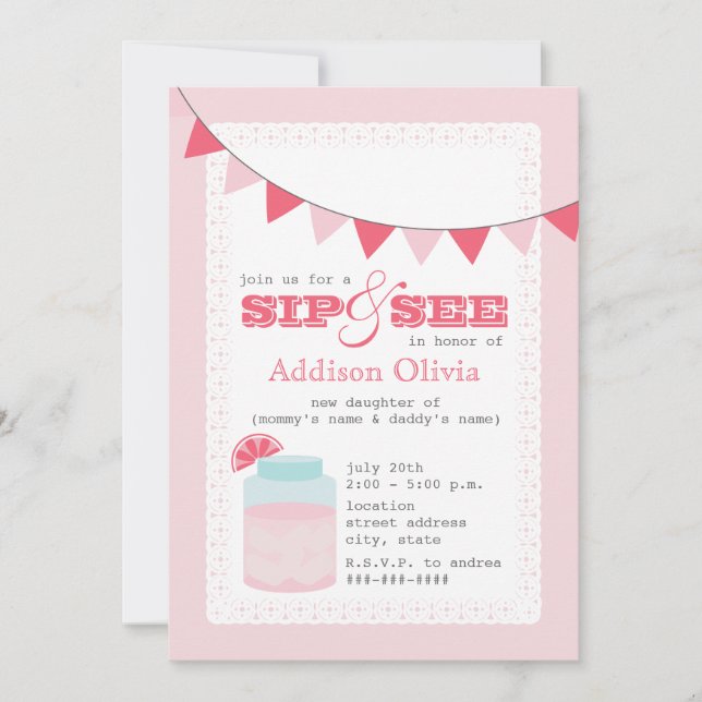 Invitación Rosa Lemonade Sip & See Baby Girl (Anverso)