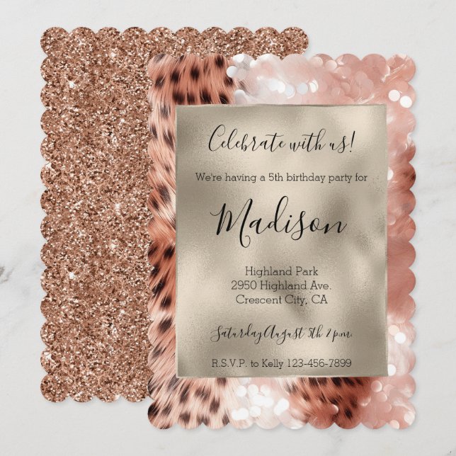Invitación Rosa Leopard Glitz Purpurina elegante (Anverso / Reverso)