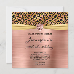 Invitación Rosa Leopardo de Oro Hoja Gem Corazón 50 Cumpleaño
