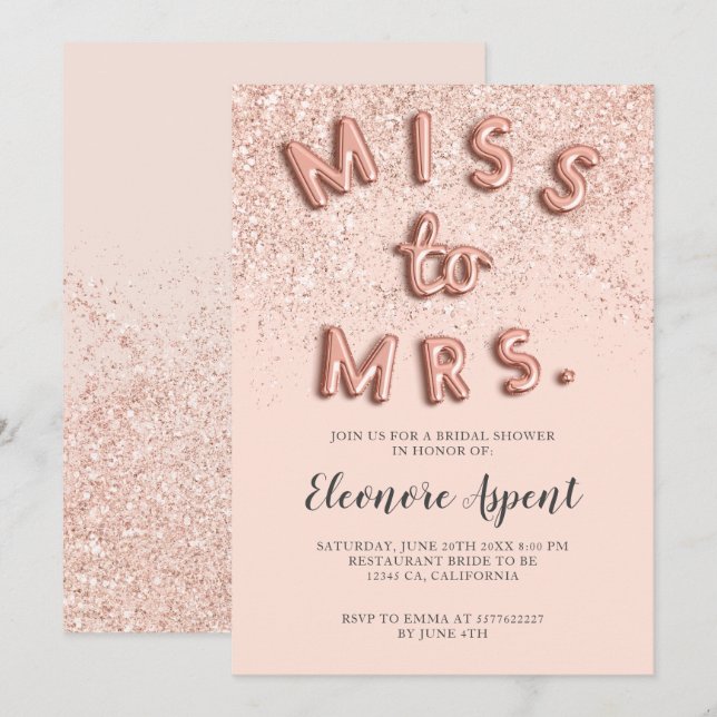 Invitación Rosa letras purpurinas doradas ducha de novia rubo (Anverso / Reverso)