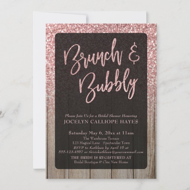 Invitación Rosa ligero Purpurina de oro brunch y bubbly (Anverso)
